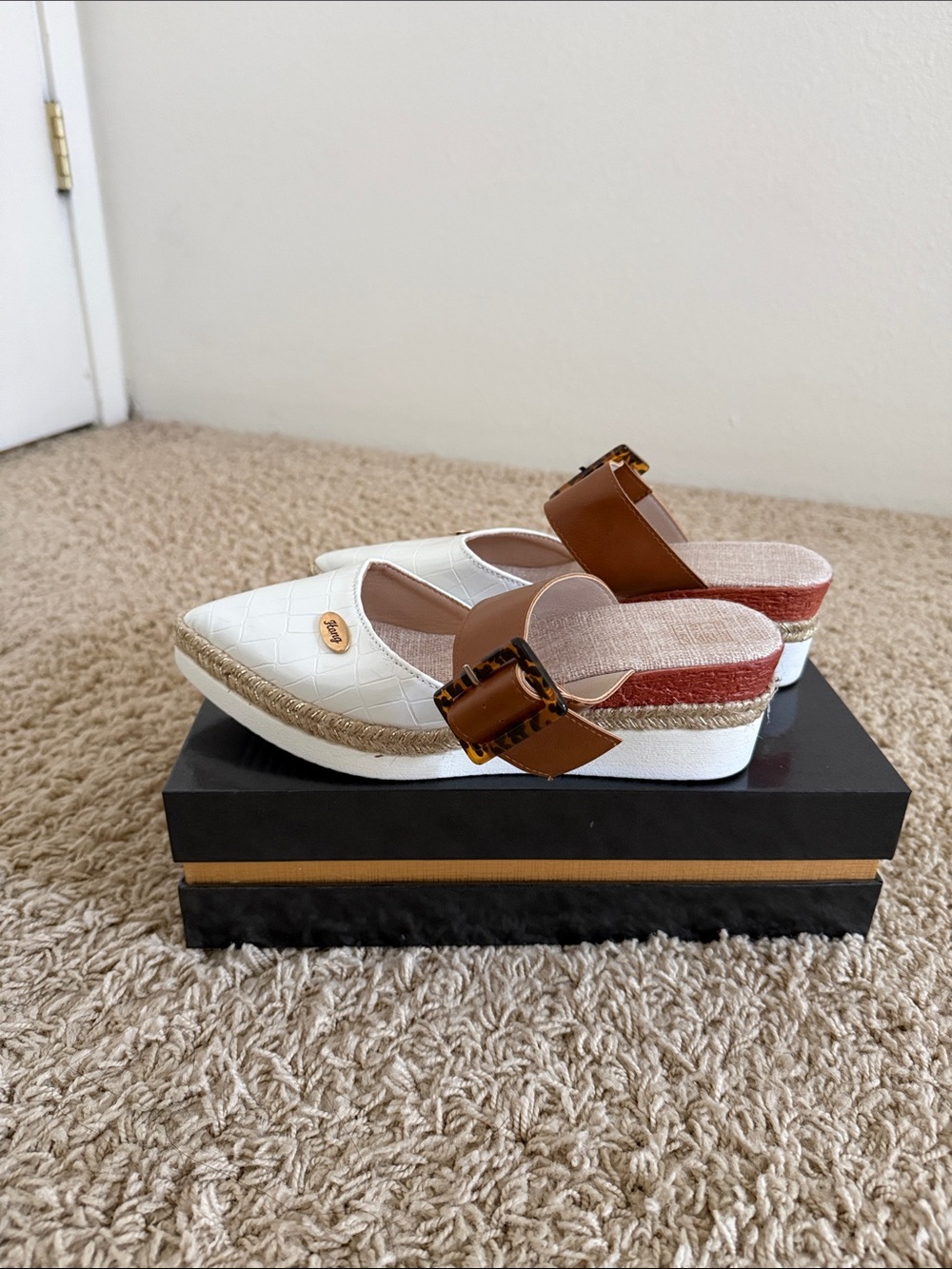 Rebellious Rose White and Tan Wedge Mules with Buckle - Picture 6 of 6